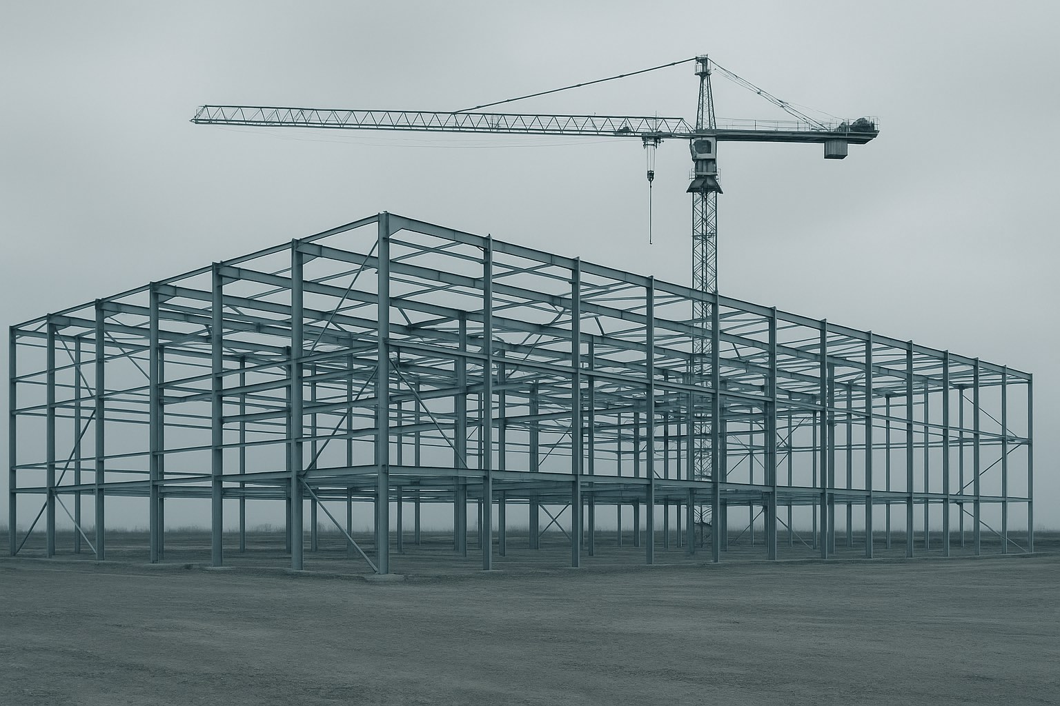 Steel frame of a large windowless building under construction against an overcast sky