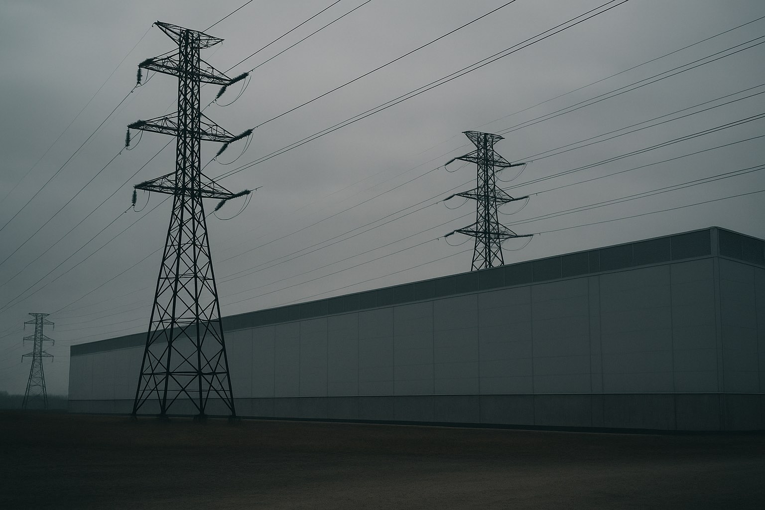 High-voltage transmission lines running past a large windowless data centre building