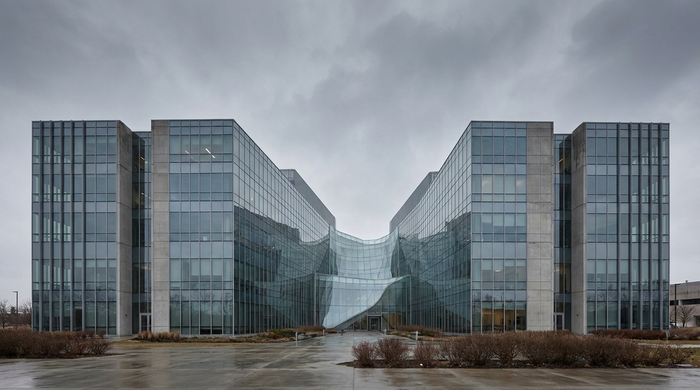 A modern glass laboratory building photographed under an overcast sky