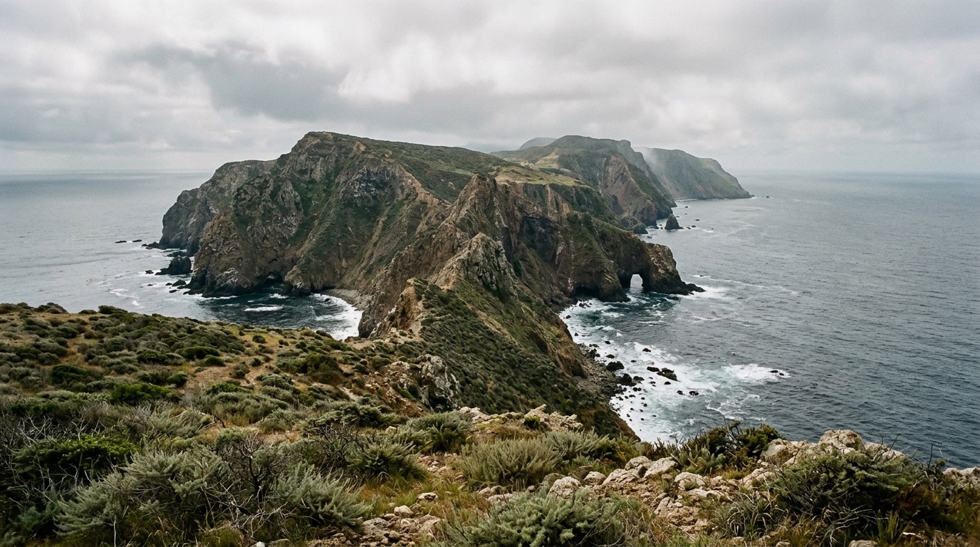 Rugged island cliffs above the Pacific in soft overcast light