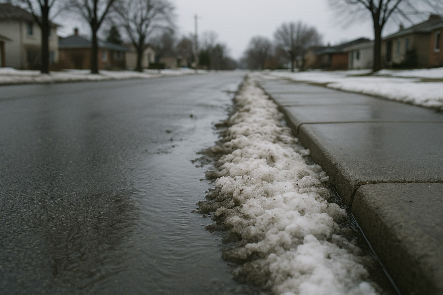 Wet snow melting on a residential street under grey overcast light