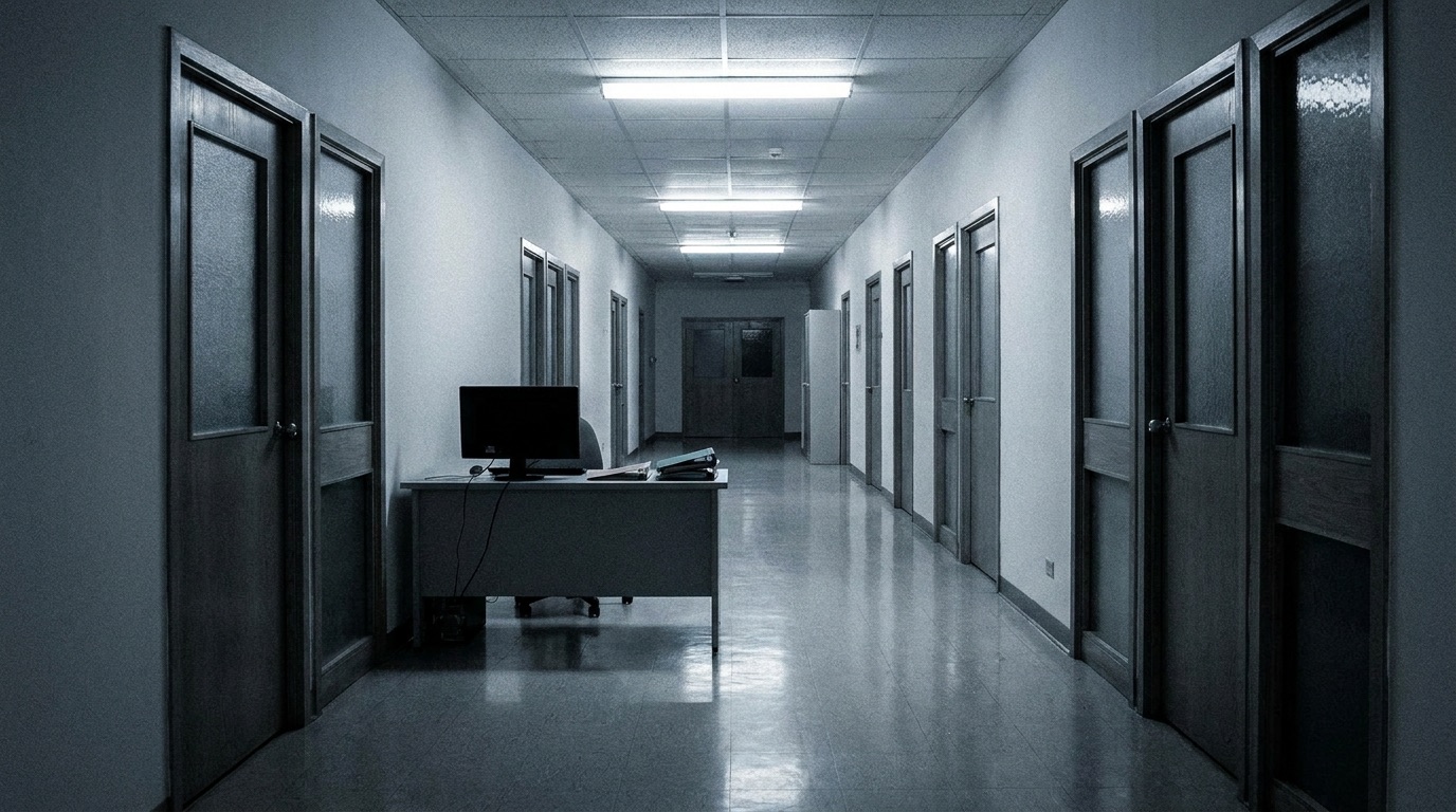 An empty government office corridor at night under fluorescent light