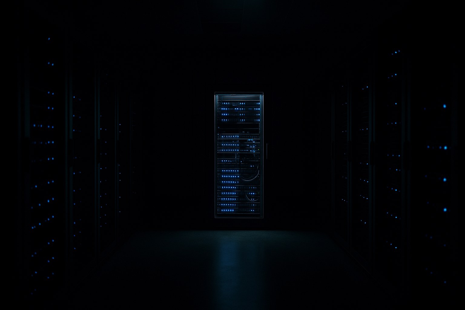 A single illuminated equipment rack in an otherwise dark server hall
