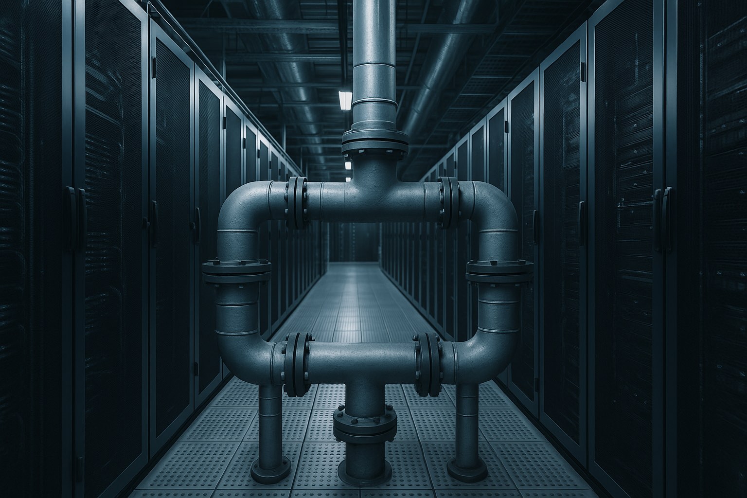Rows of liquid cooling pipes running between server racks in a data centre