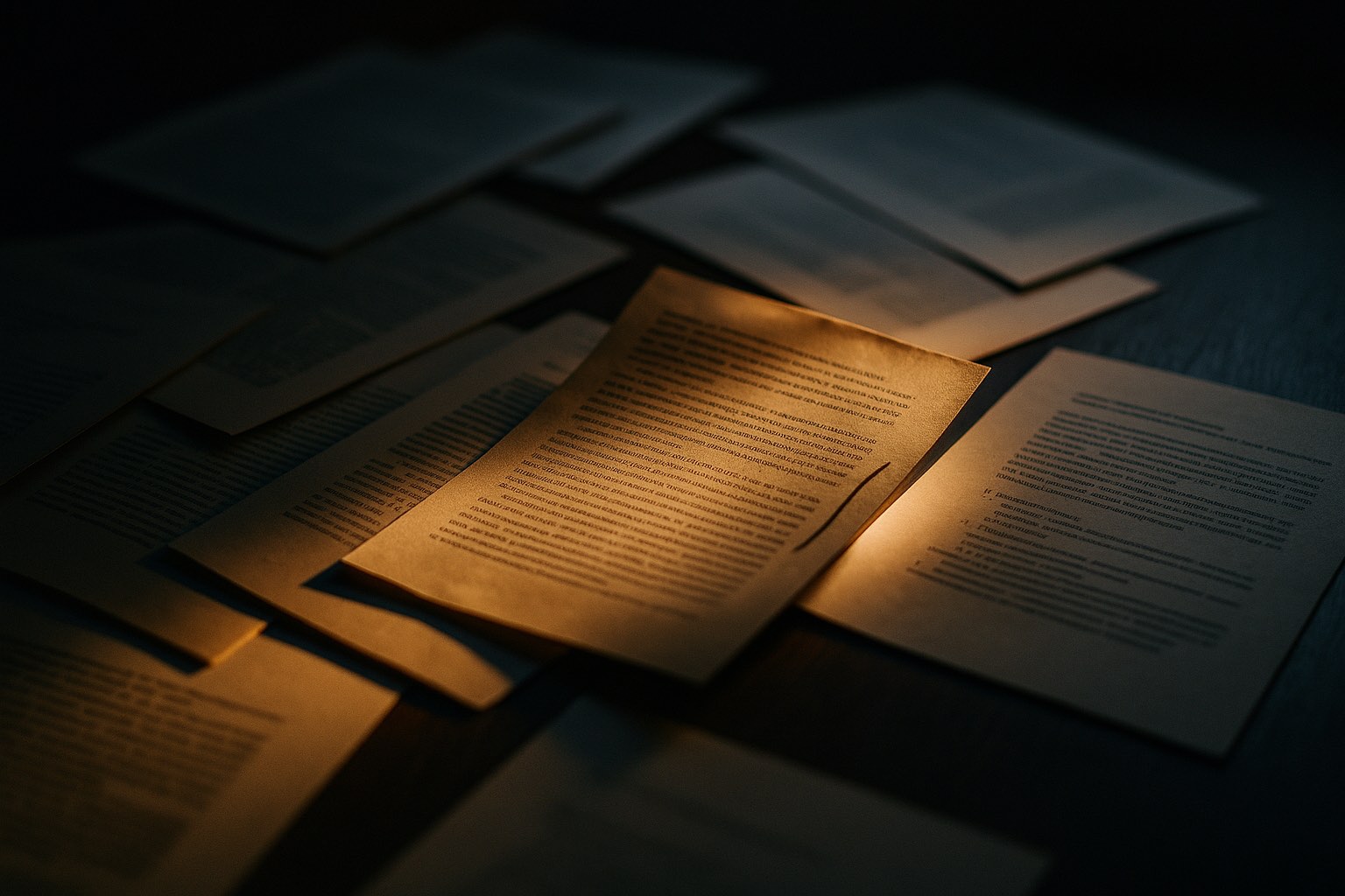 Printed pages fanned across a desk in raking light, one lifted with a passage marked in the margin