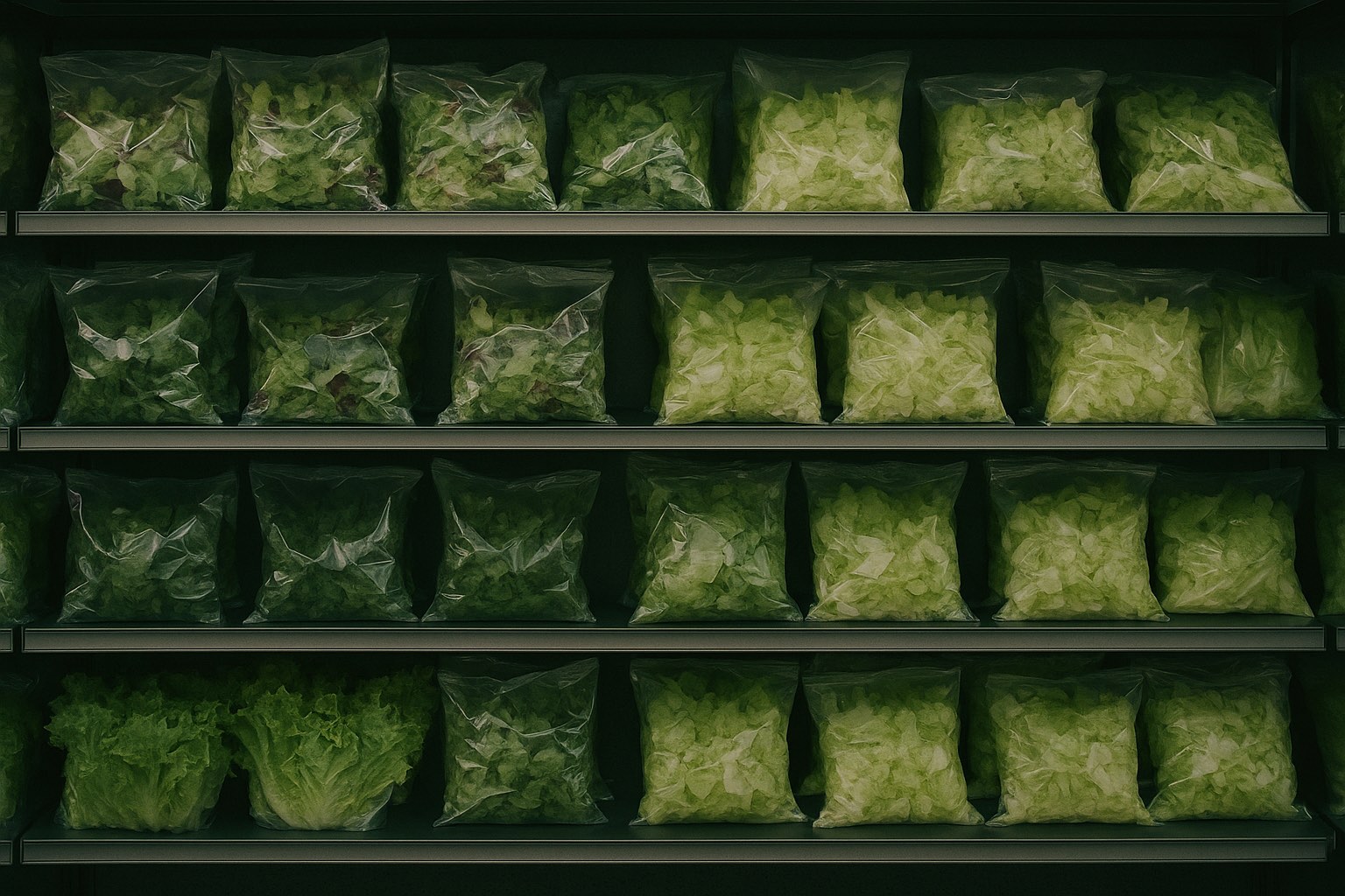 A refrigerated display of packaged leafy salad greens in a supermarket aisle