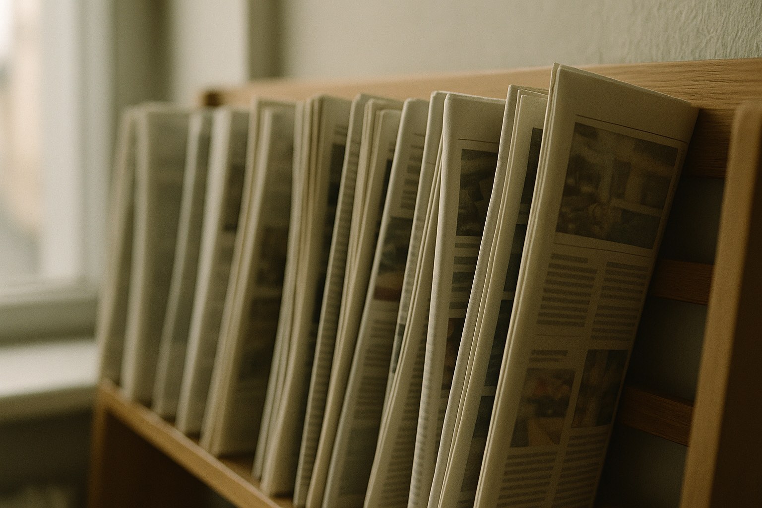 A row of folded newspapers on a rack seen edge-on