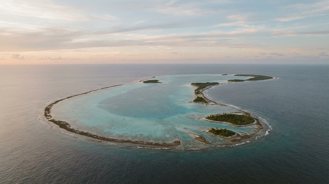 Aerial view of a coral atoll in the open Pacific at sunset