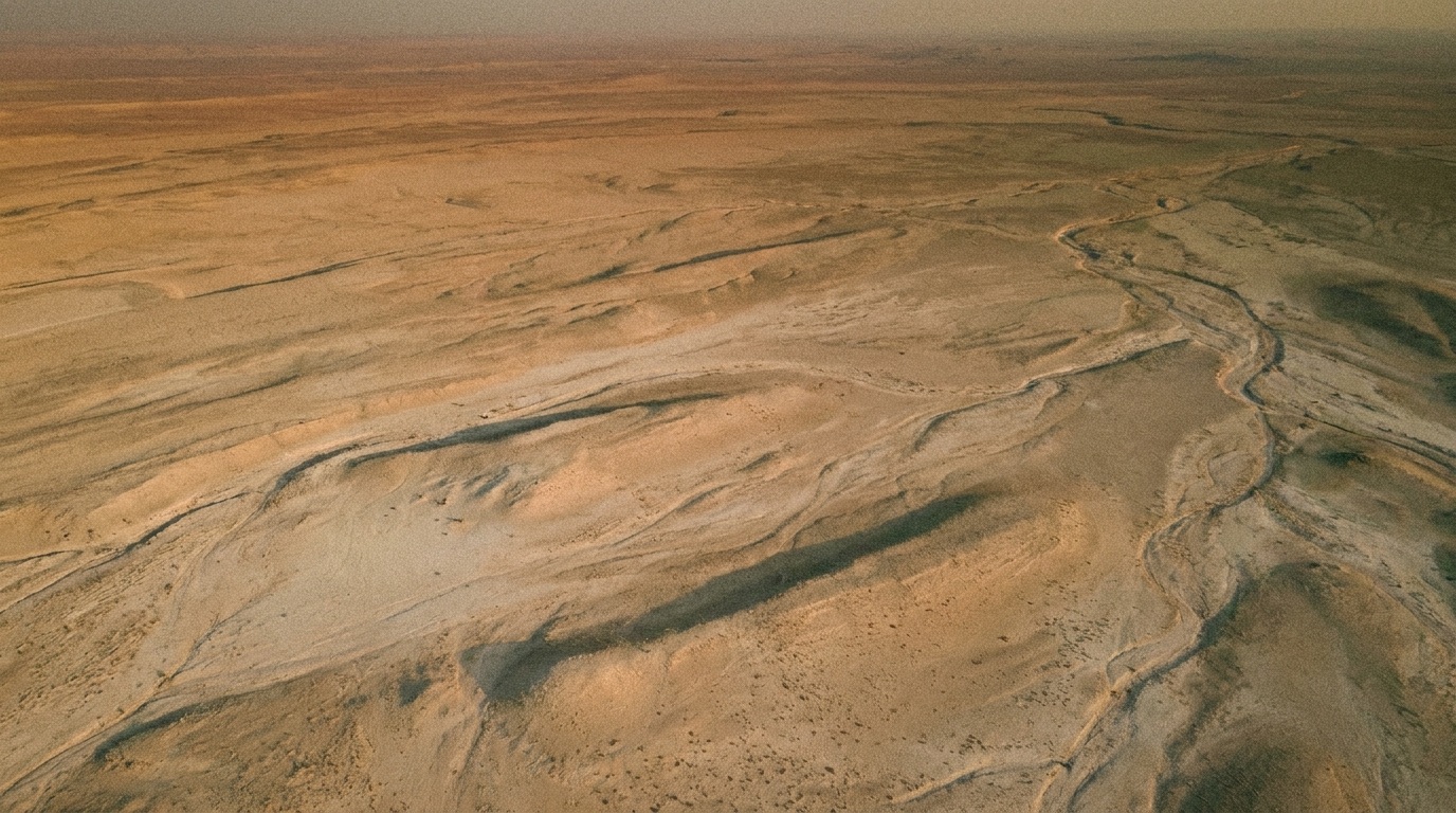 A high wide view of an arid desert plateau in low sun