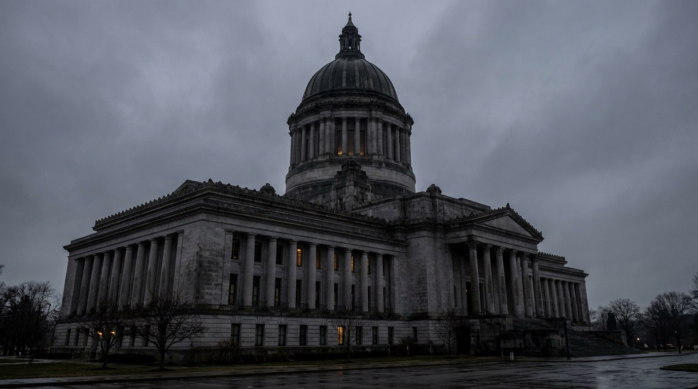 A neoclassical legislative building at dusk under an overcast sky