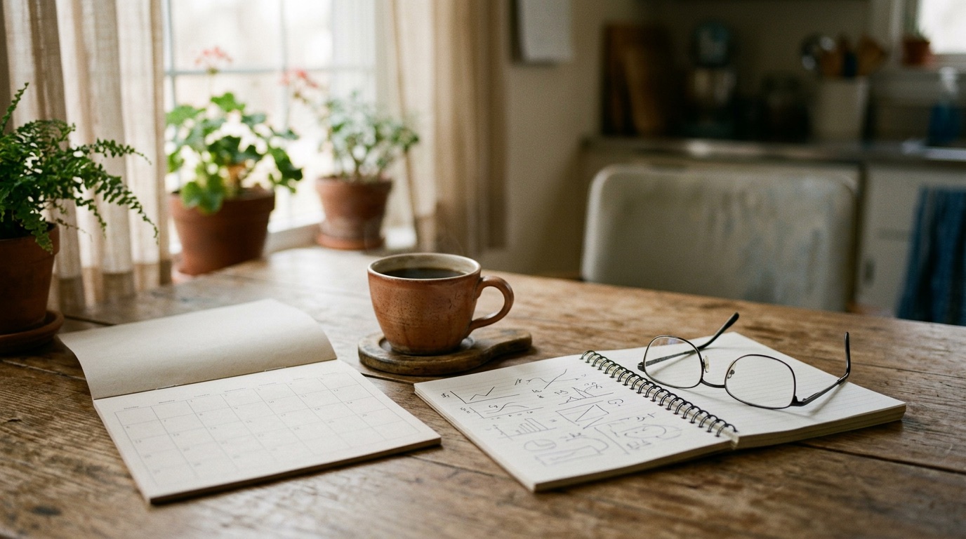 A calendar, notebook, reading glasses and coffee cup on a kitchen table in morning light