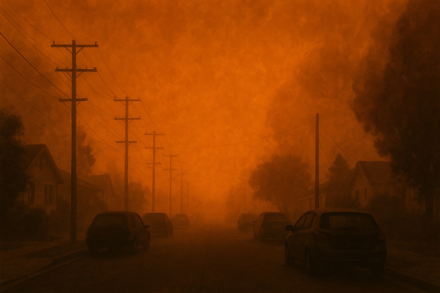 A hazy orange sky over a residential neighbourhood obscured by dense wildfire smoke