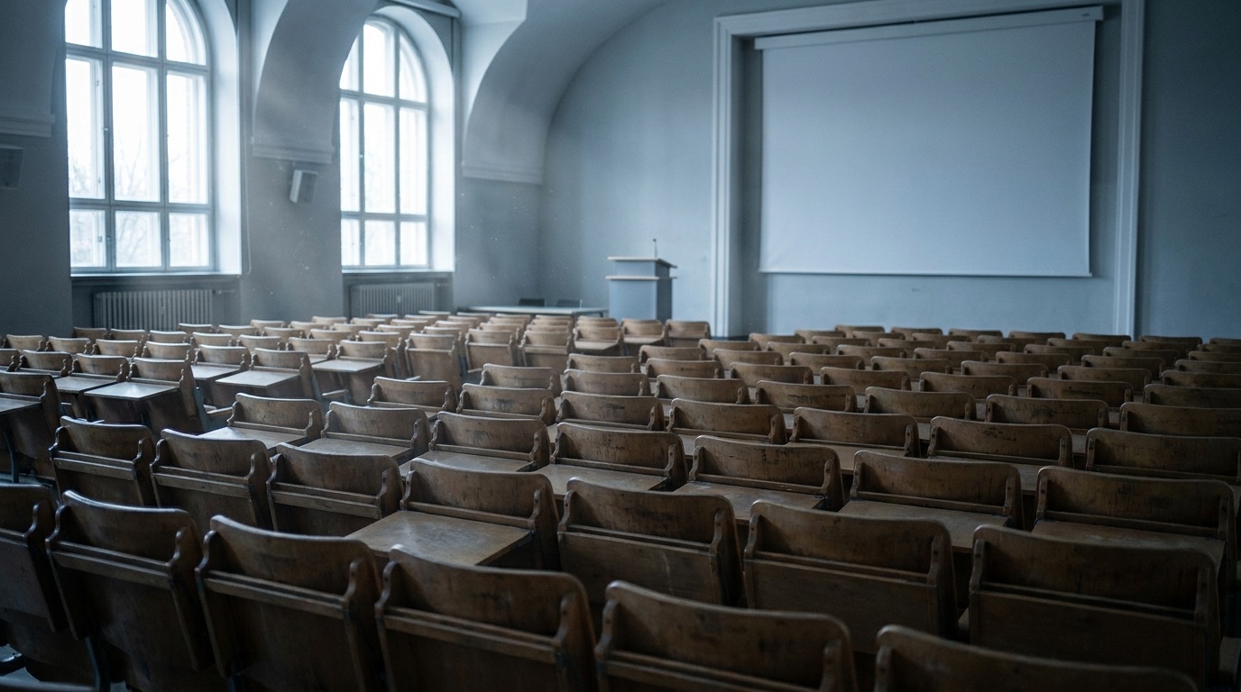 An empty university lecture hall photographed from the back in daylight