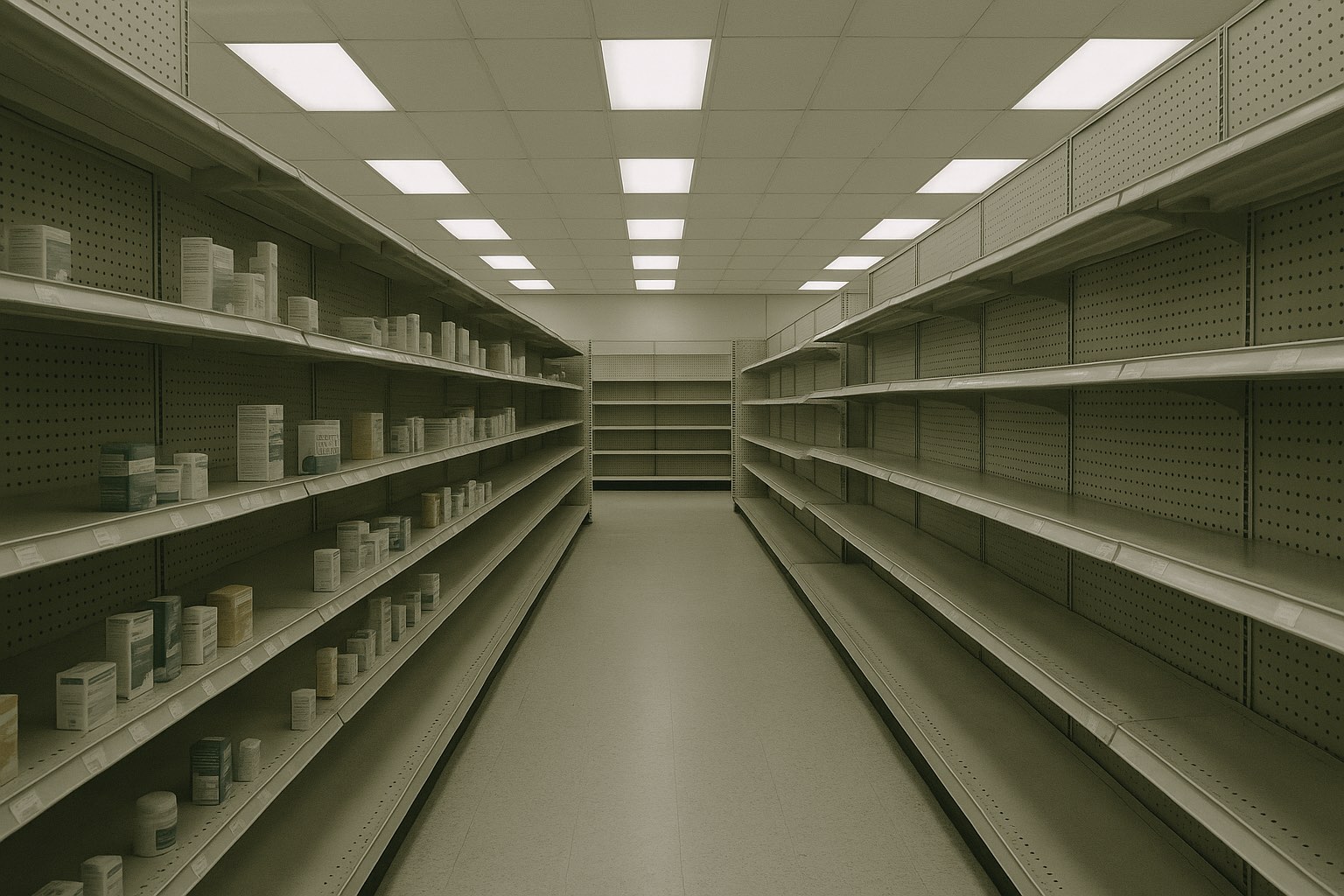 An empty retail pharmacy aisle with shelving partially cleared