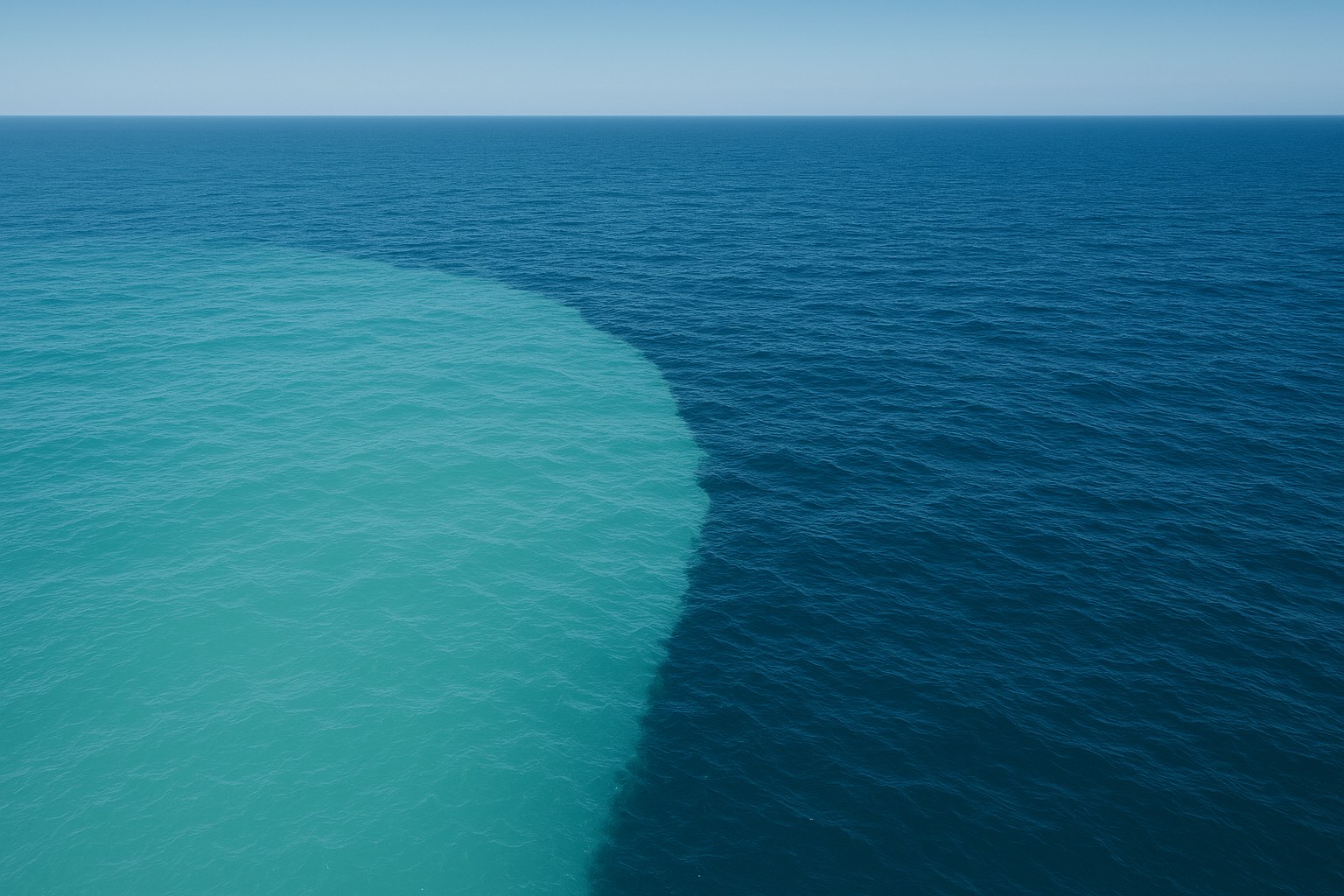 Warm shallow ocean water meeting deeper blue along an open equatorial horizon