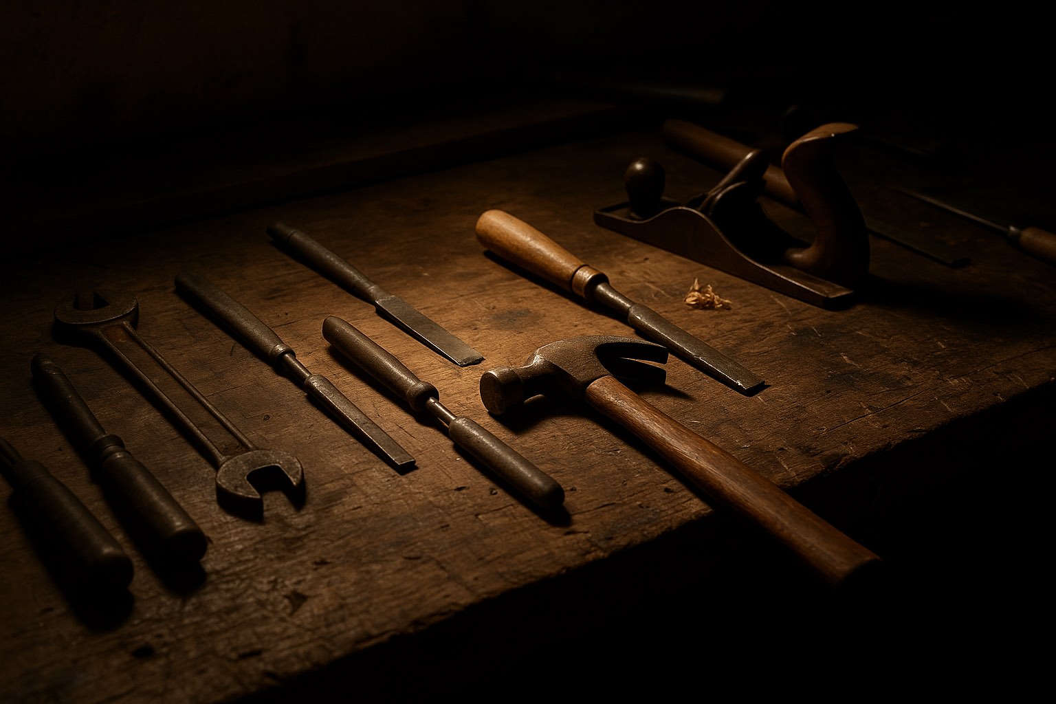 A workshop bench with hand tools in use under warm task lighting