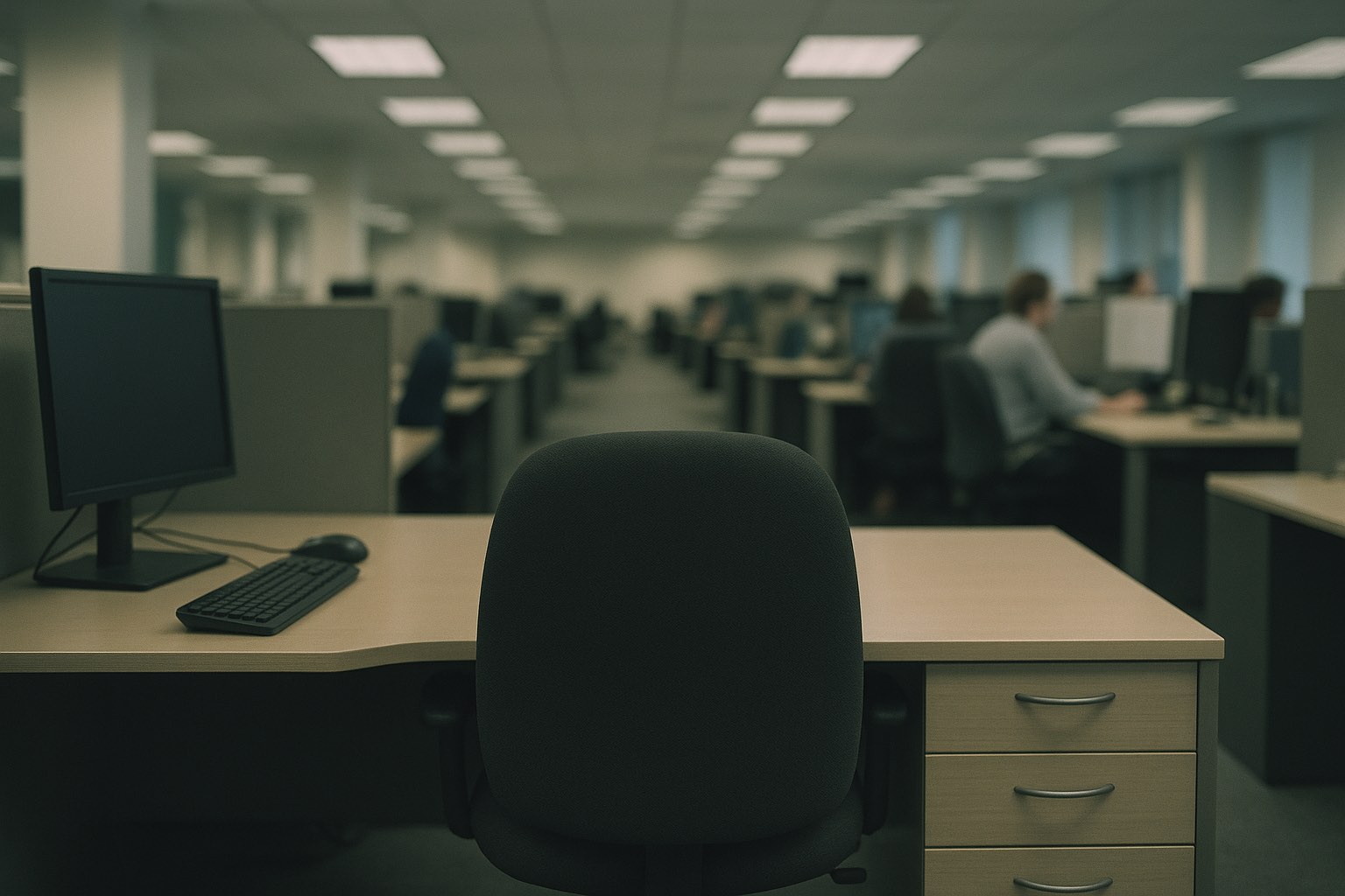 An empty entry-level office desk with a chair pushed in under overhead light